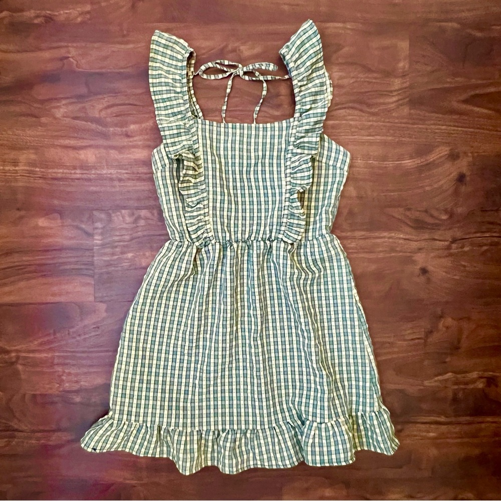Wild Fable Gingham Dress Ruffle Hem Square Neck Green & Cream Women’s Size XS